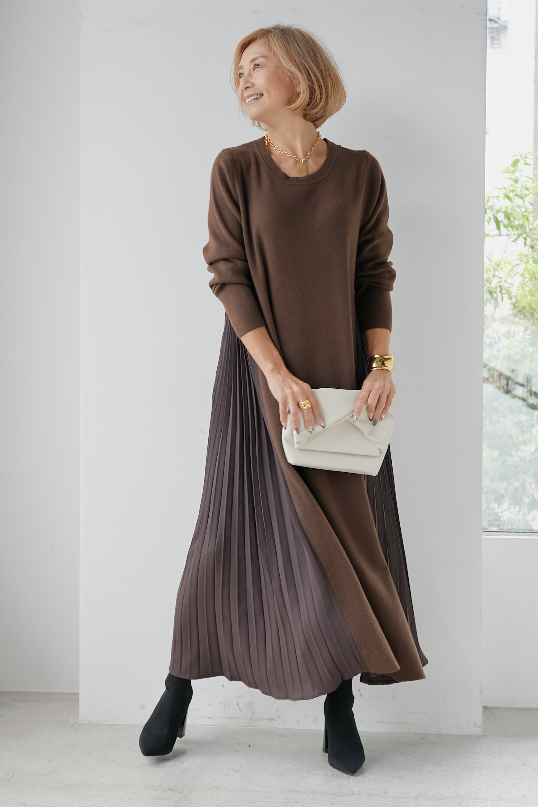 【新品、タグ付き】PLUS OTO.HA サイドプリーツニットワンピース 新品、タグ付き】PLUS OTO.HA サイドプリーツニットワンピース OTOHA