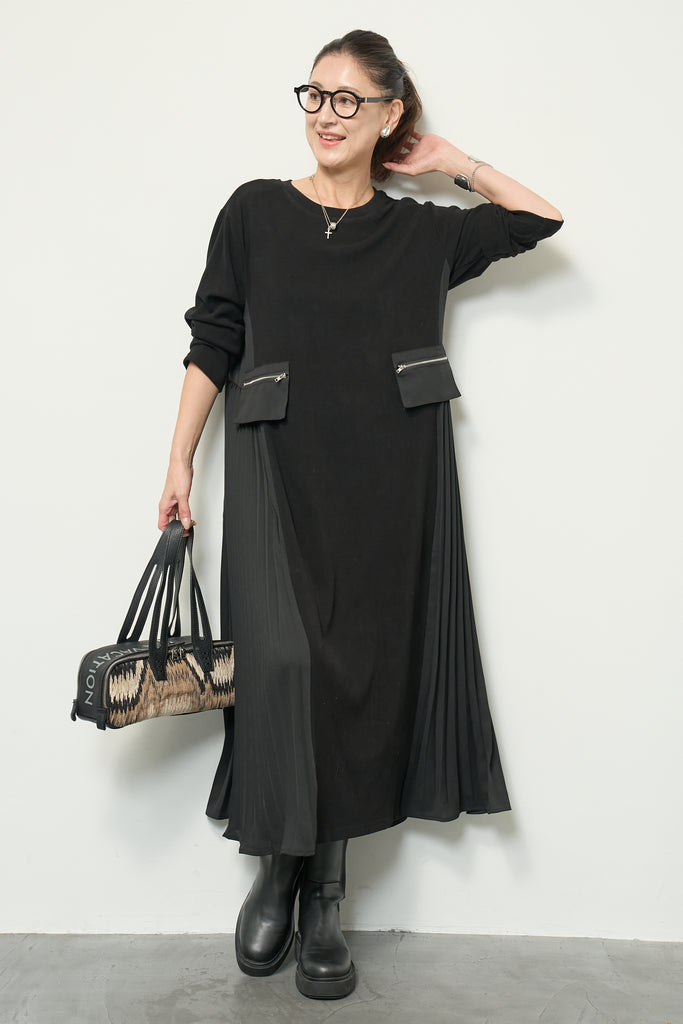 【新品、タグ付き】PLUS OTO.HA サイドプリーツニットワンピース ジップポケットデザイン サイドプリーツワンピース – plusotoha