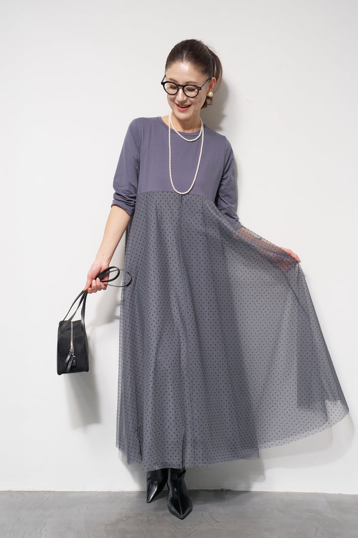 チュール切替カットワンピース