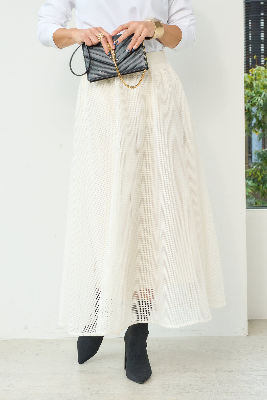 Square mesh check flare skirt