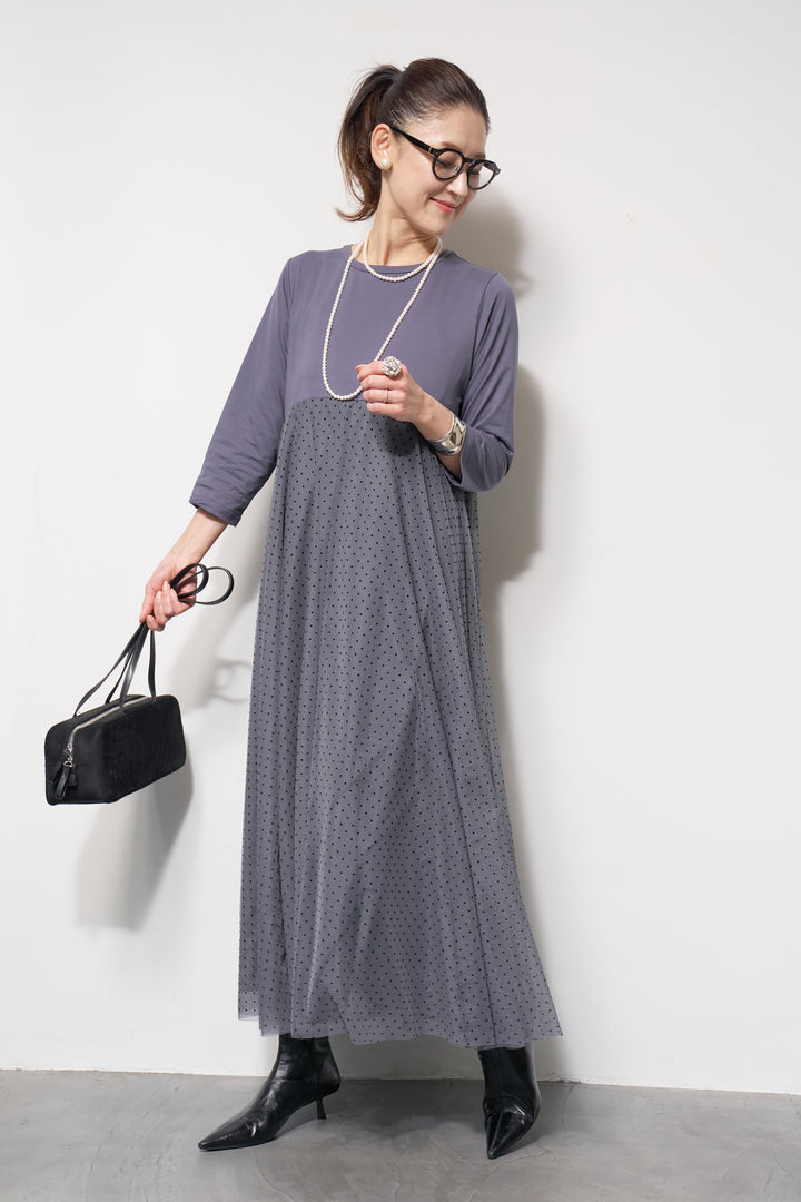 チュール切替カットワンピース