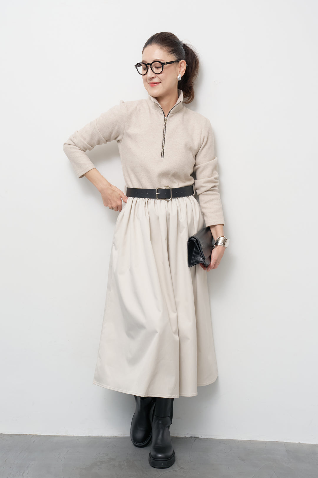 ハーフジップメルトン切替ワンピース