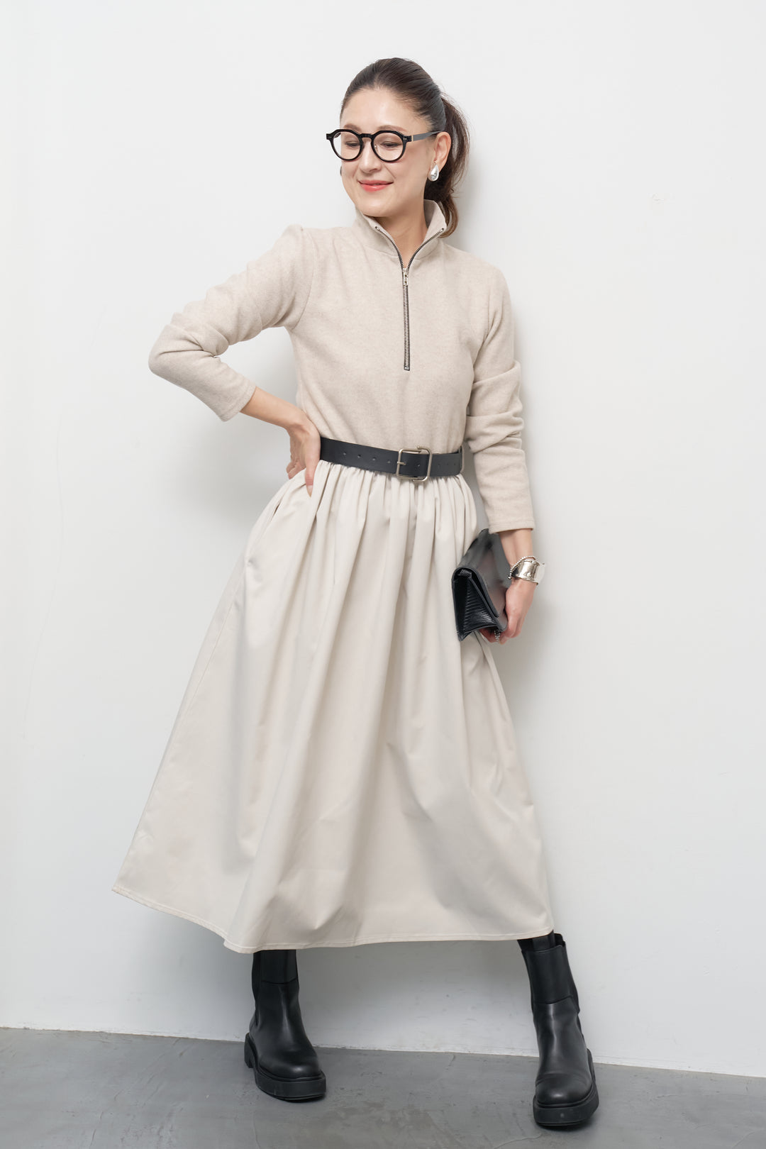 ハーフジップメルトン切替ワンピース