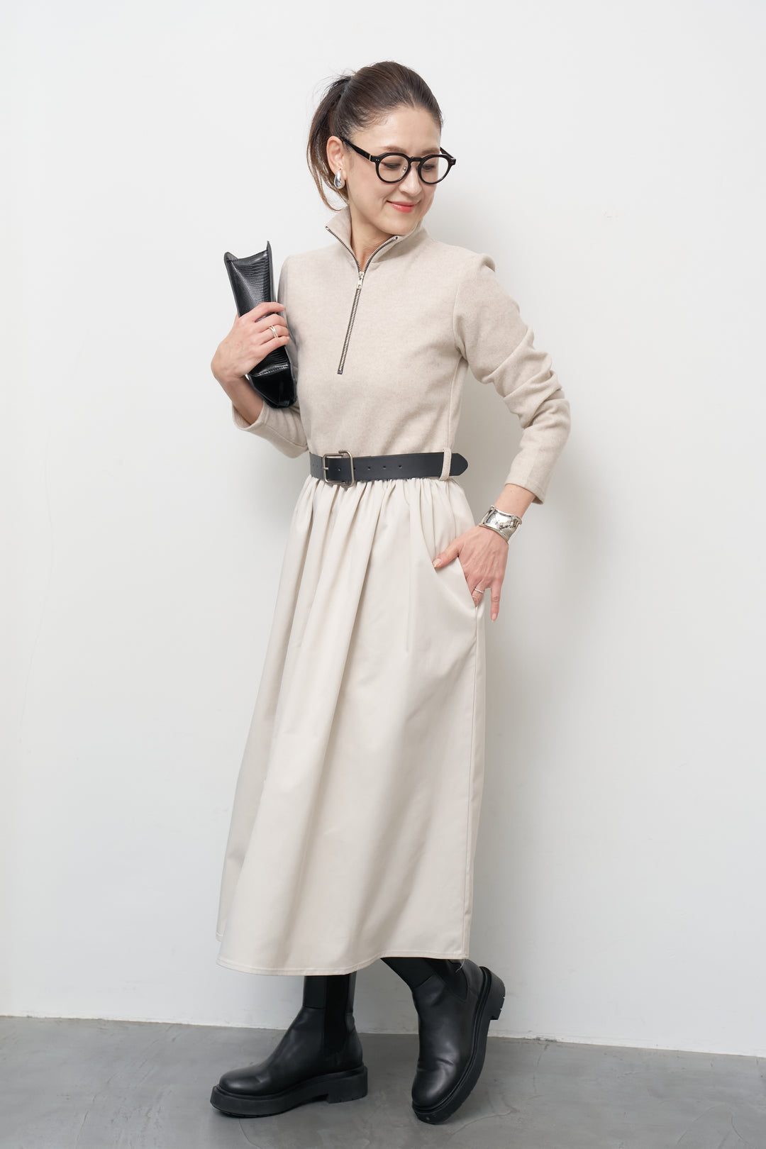 ハーフジップメルトン切替ワンピース