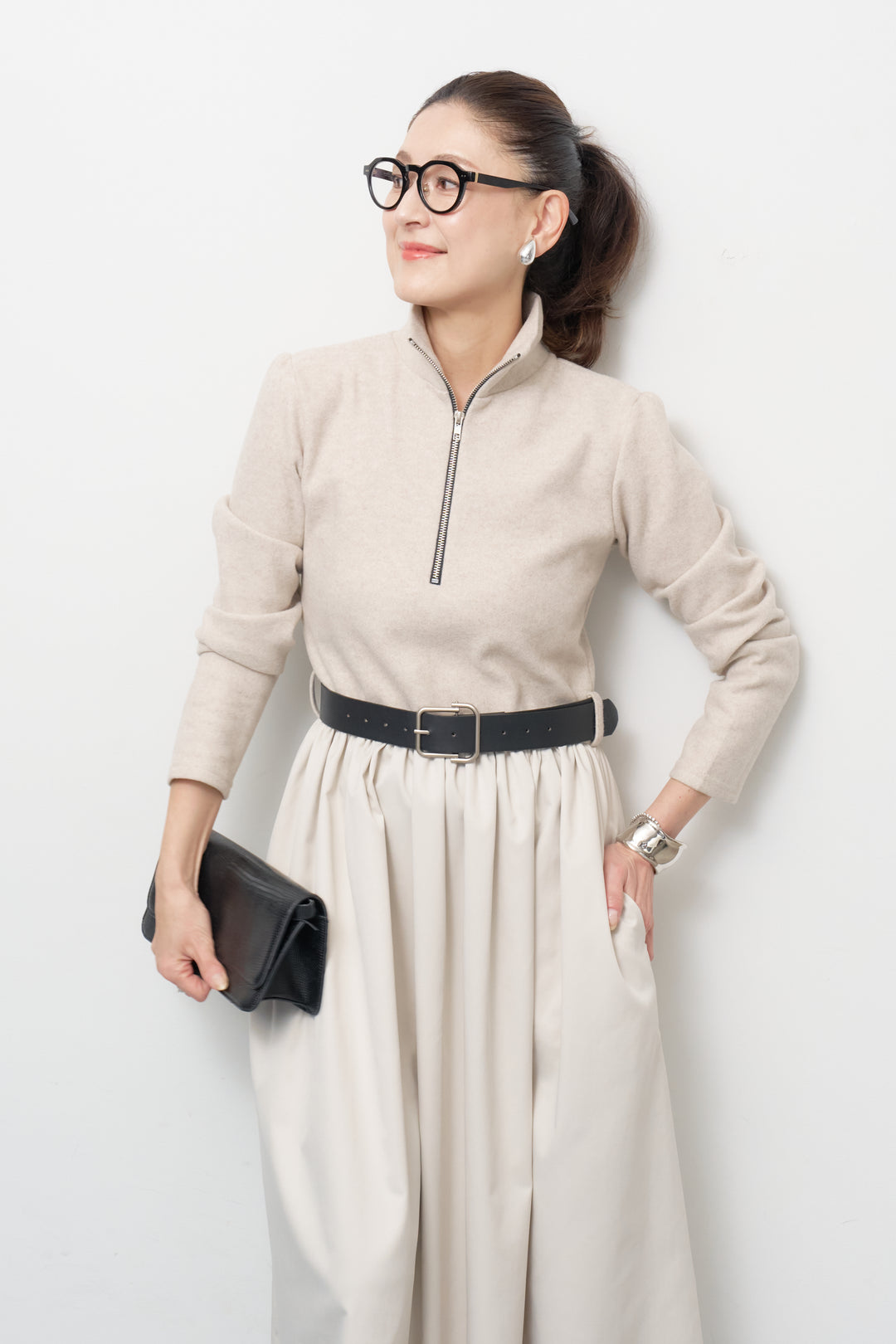 ハーフジップメルトン切替ワンピース