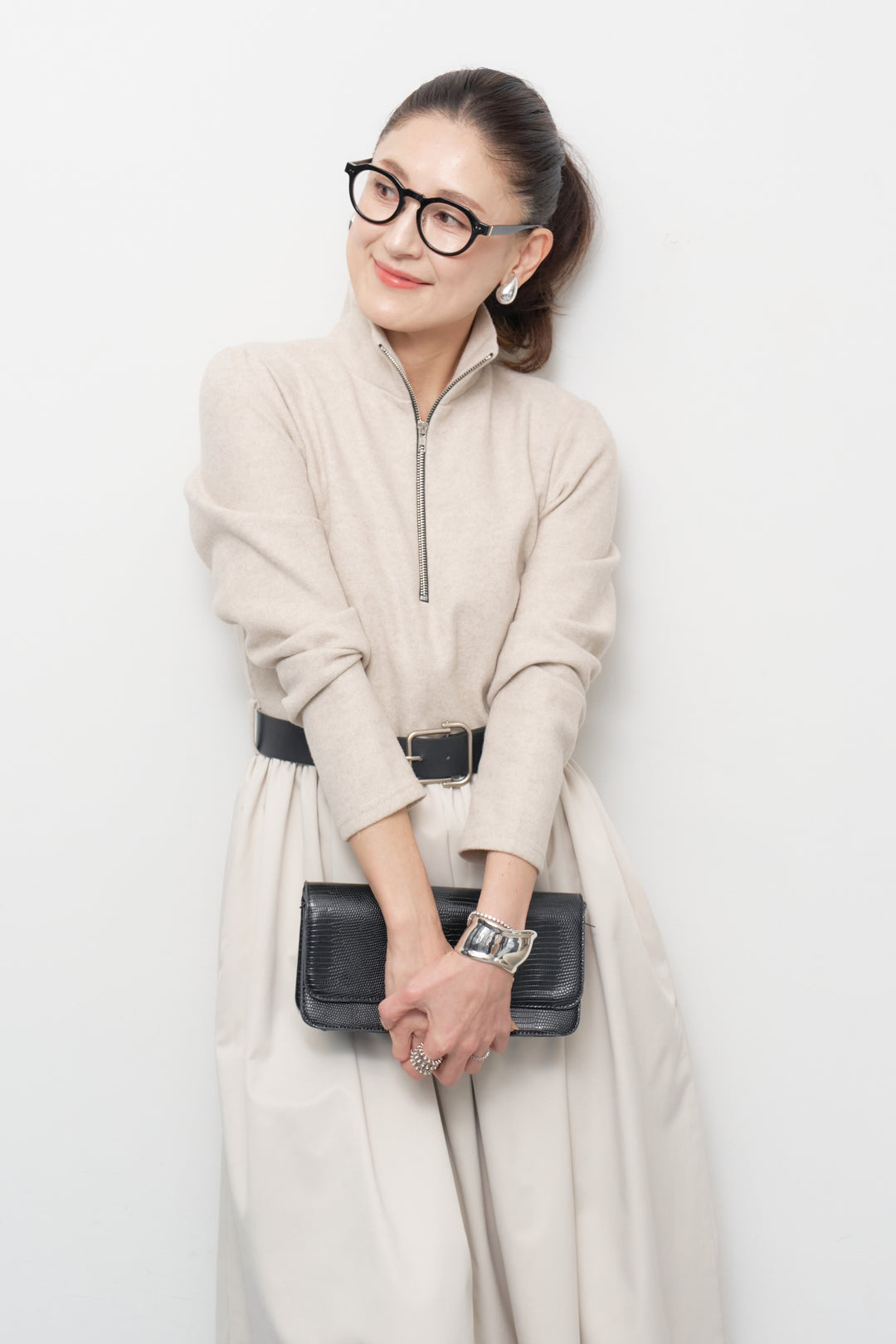 ハーフジップメルトン切替ワンピース