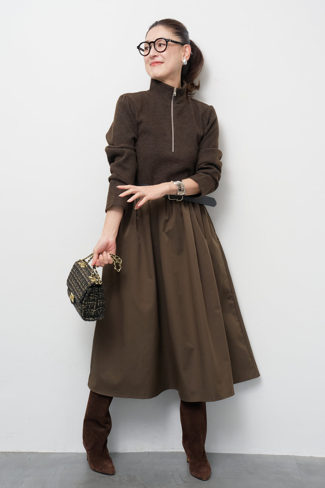 ハーフジップメルトン切替ワンピース