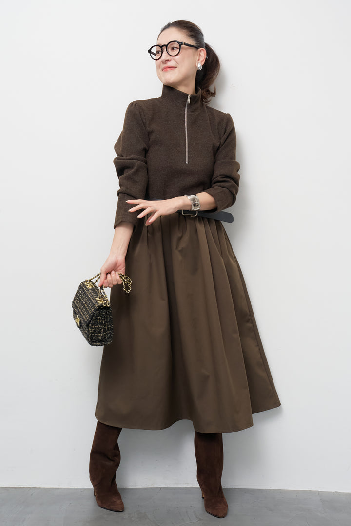 ハーフジップメルトン切替ワンピース