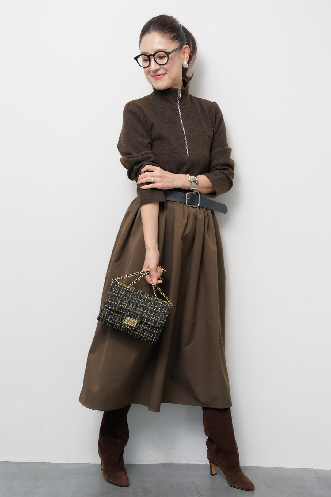 ハーフジップメルトン切替ワンピース