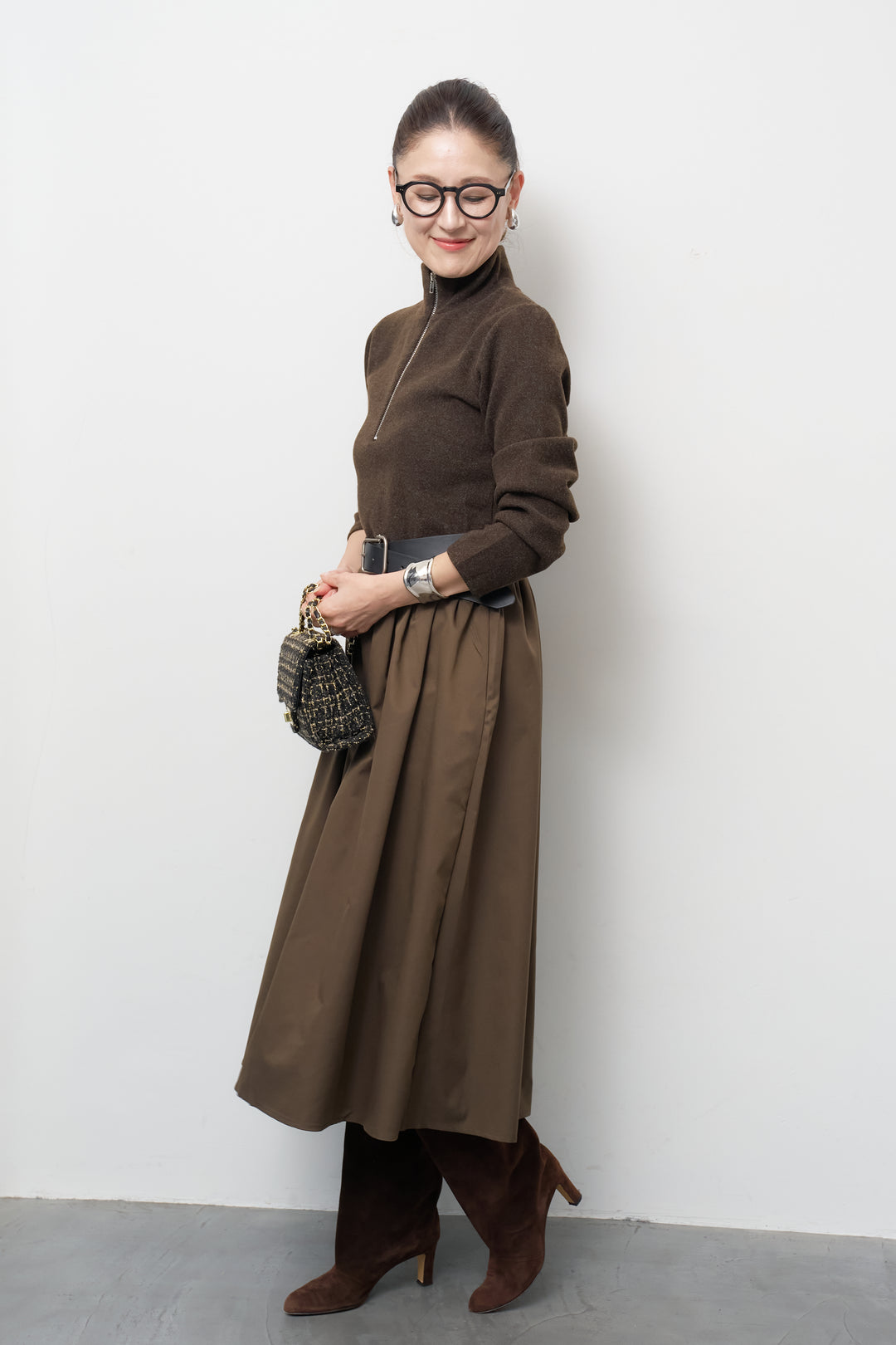 ハーフジップメルトン切替ワンピース