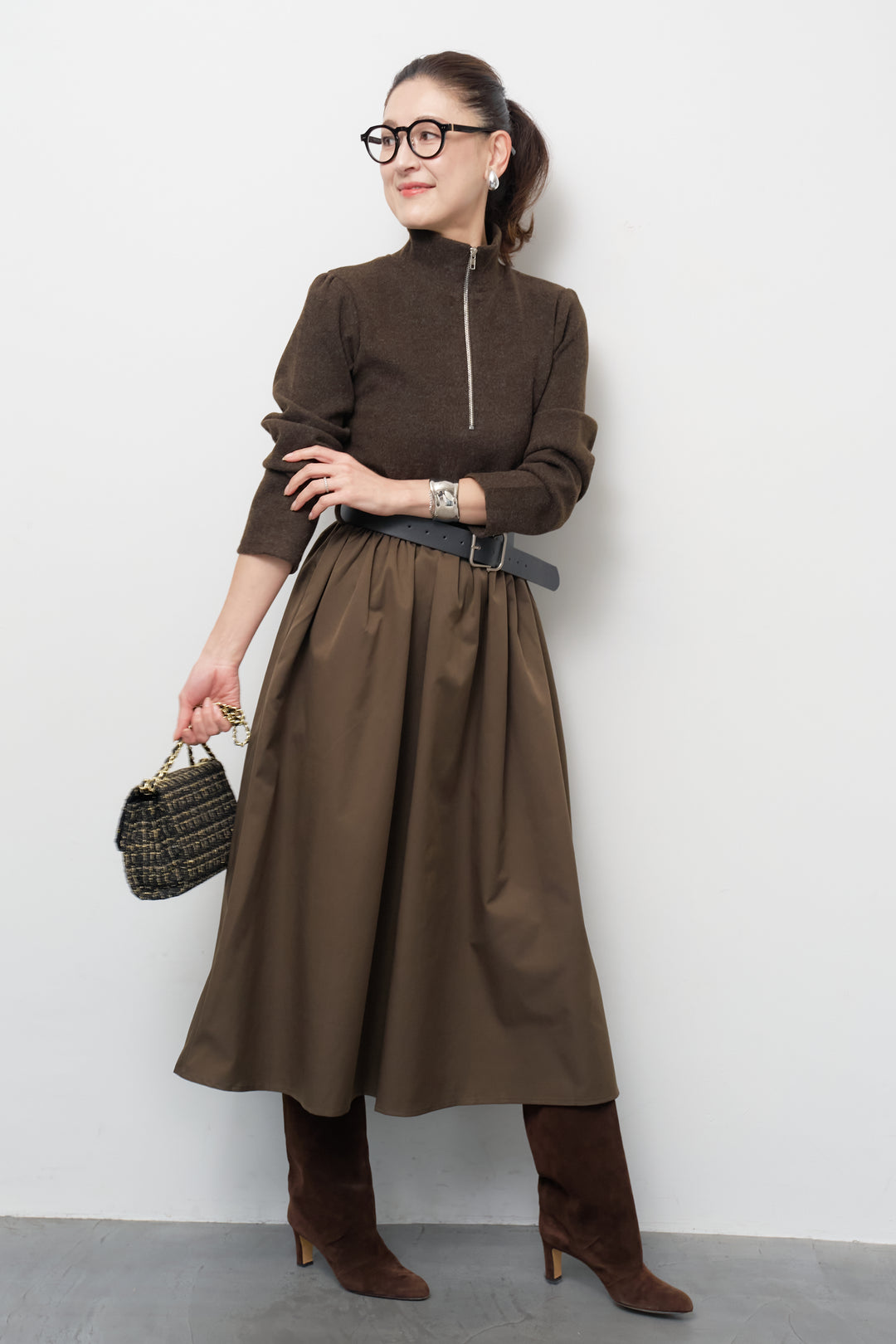 ハーフジップメルトン切替ワンピース