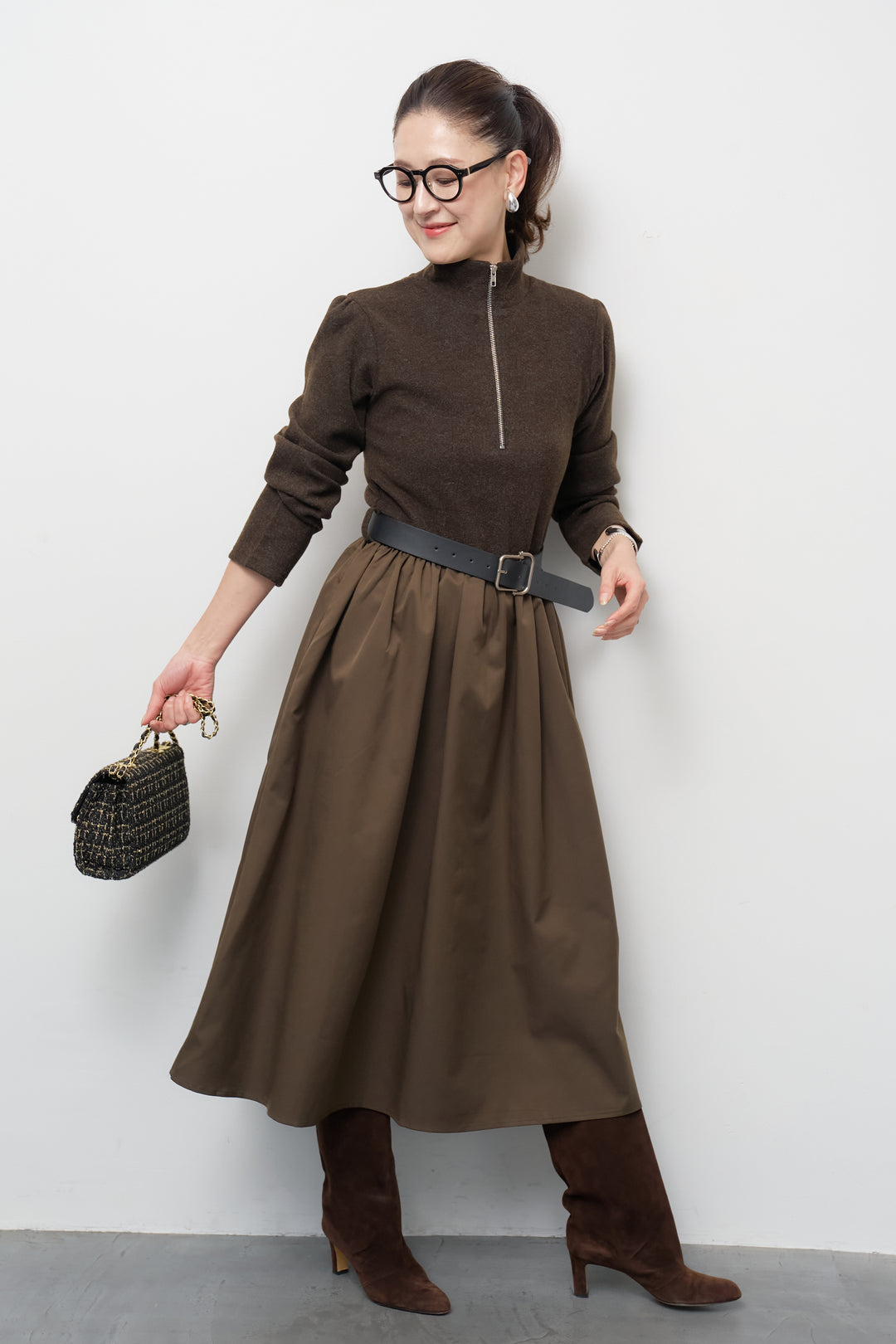 ハーフジップメルトン切替ワンピース