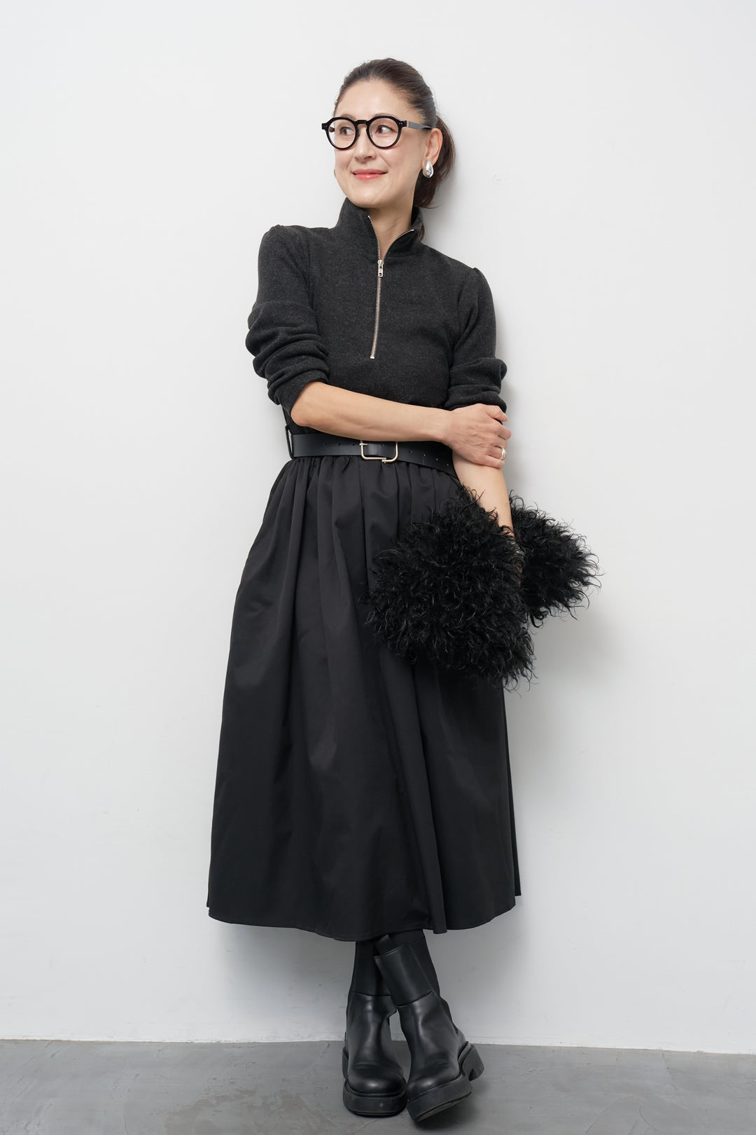 ハーフジップメルトン切替ワンピース