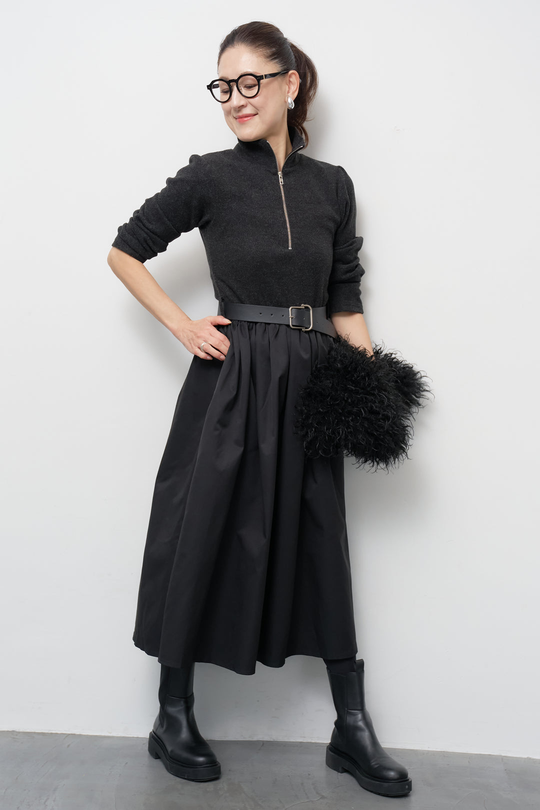 ハーフジップメルトン切替ワンピース