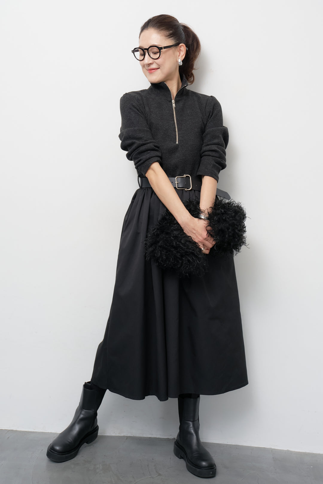 ハーフジップメルトン切替ワンピース