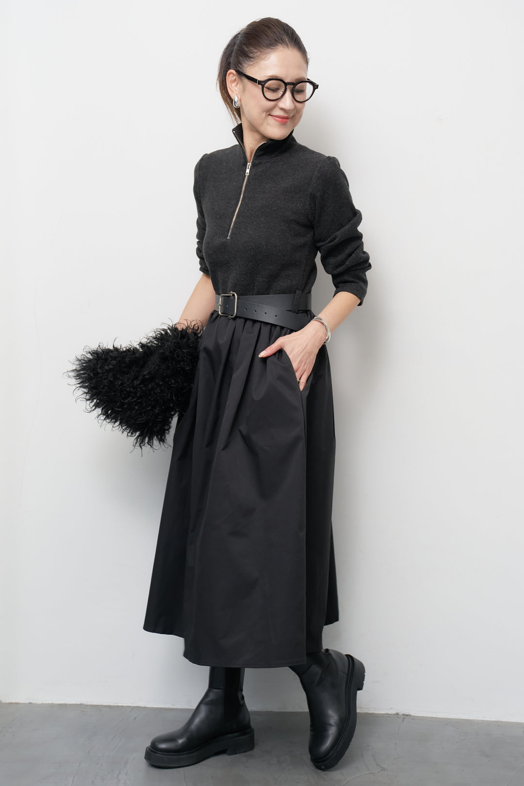 ハーフジップメルトン切替ワンピース