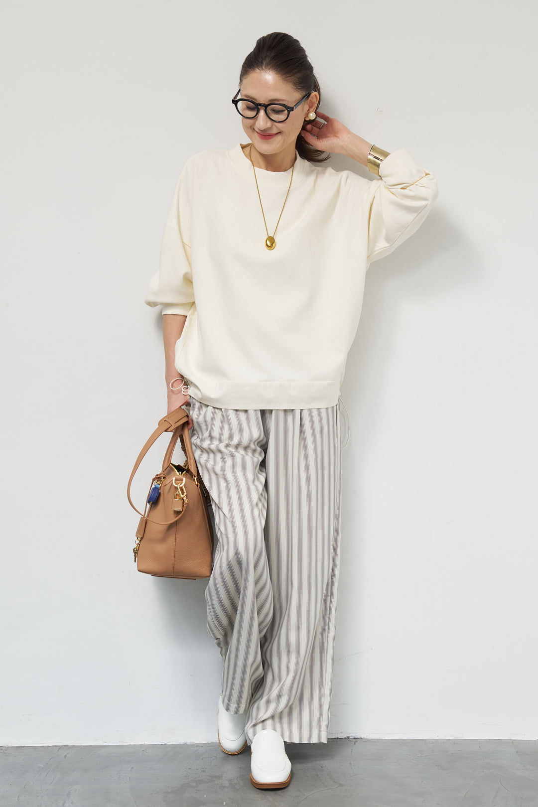 [SET]裾切替ハイネックプルオーバー+ストライプイージーパンツ(2set)