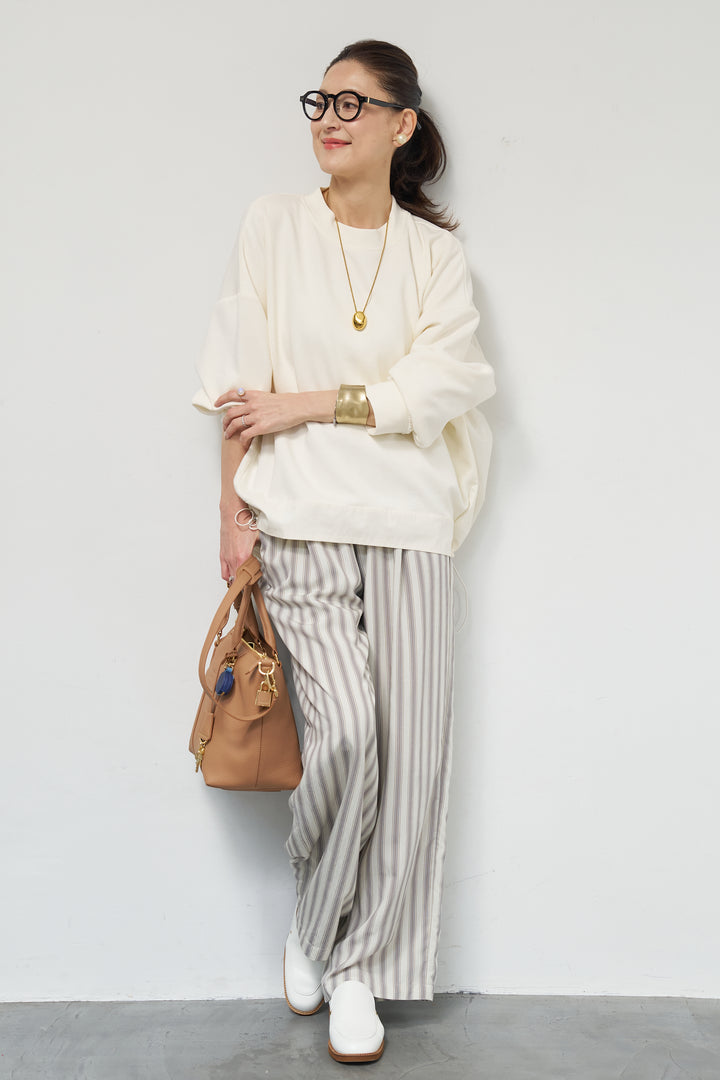 [SET]裾切替ハイネックプルオーバー+ストライプイージーパンツ(2set)