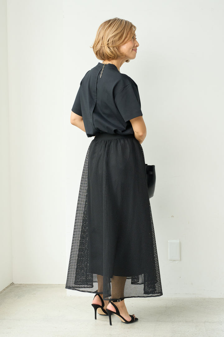 [SET] Round hem T-shirt + square mesh check flare skirt (2set)