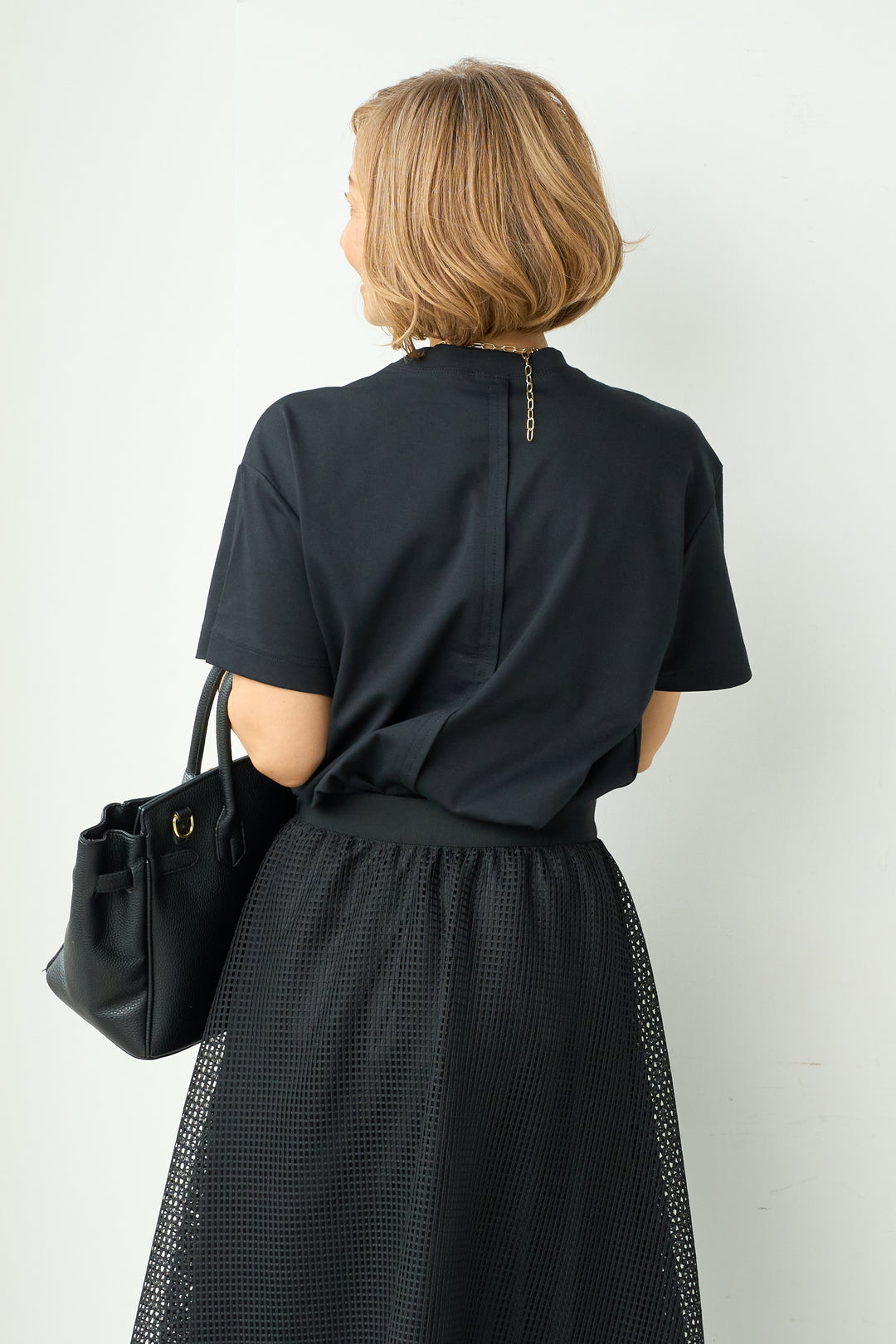 [SET] Round hem T-shirt + square mesh check flare skirt (2set)