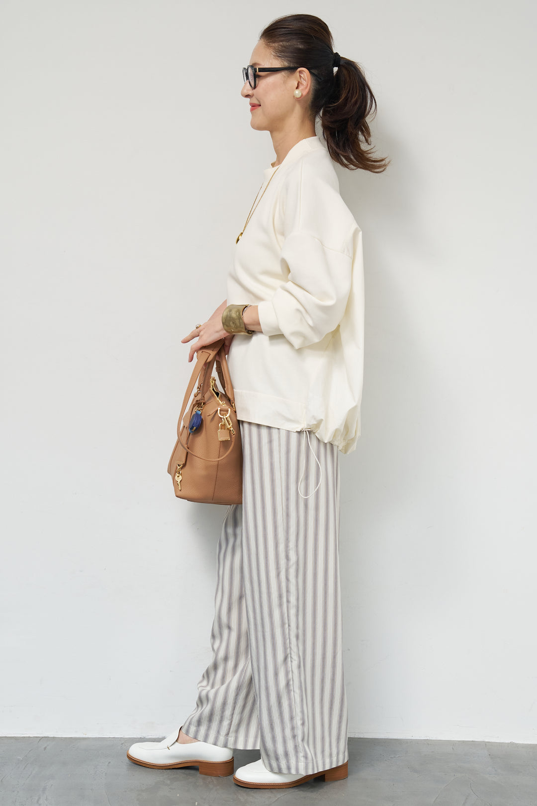 [SET]裾切替ハイネックプルオーバー+ストライプイージーパンツ(2set)