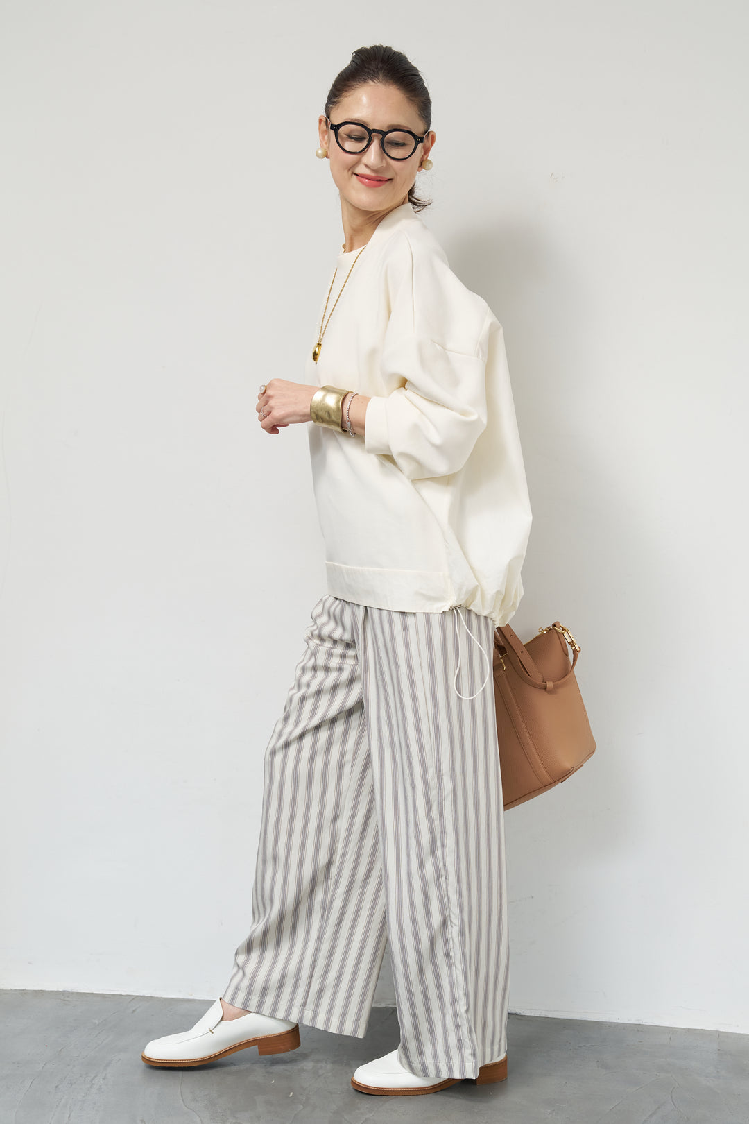 [SET]裾切替ハイネックプルオーバー+ストライプイージーパンツ(2set)