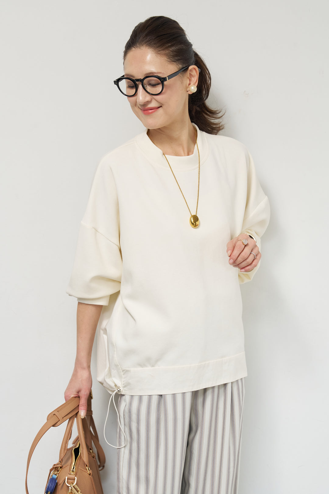 [SET]裾切替ハイネックプルオーバー+ストライプイージーパンツ(2set)