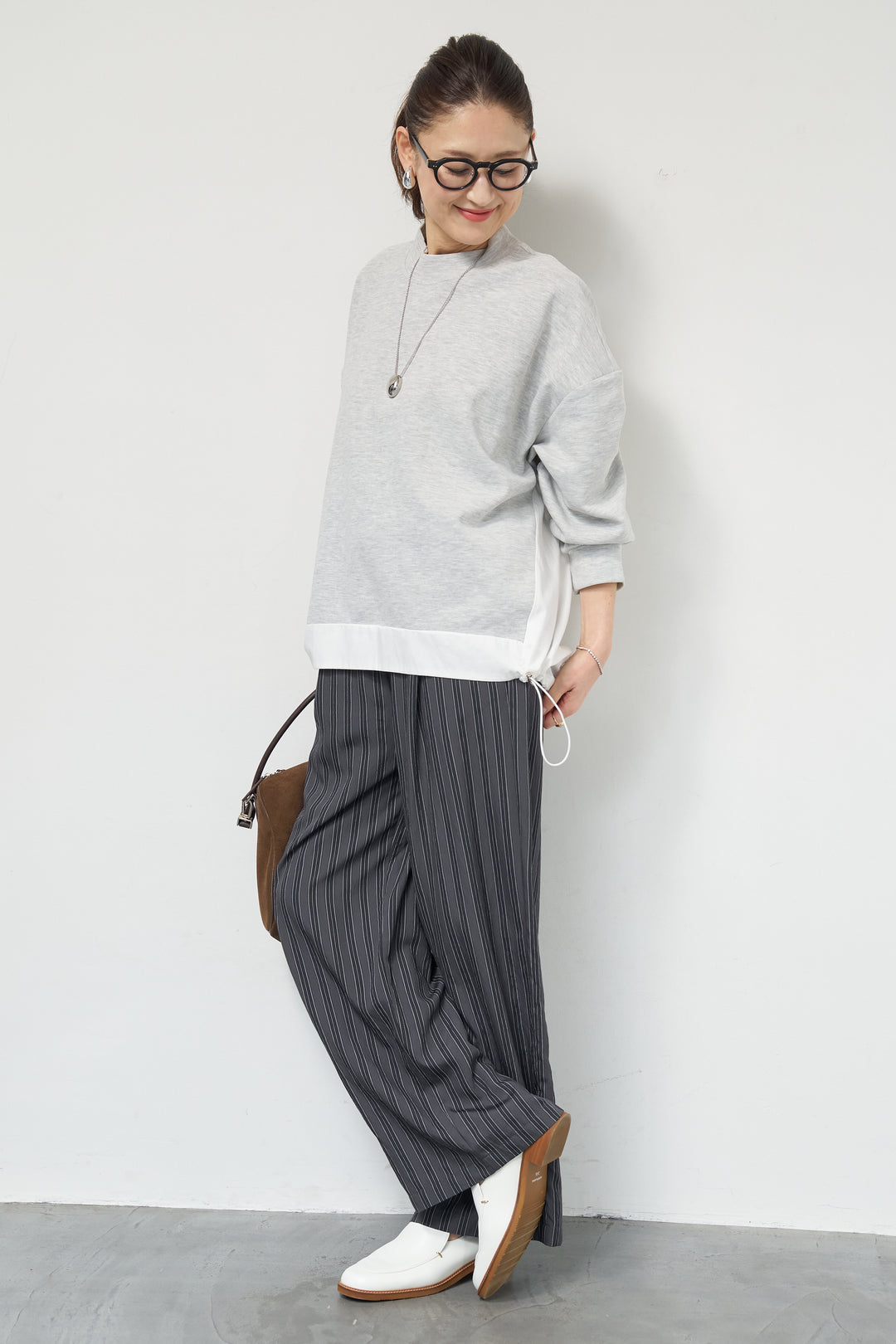 [SET]裾切替ハイネックプルオーバー+ストライプイージーパンツ(2set)
