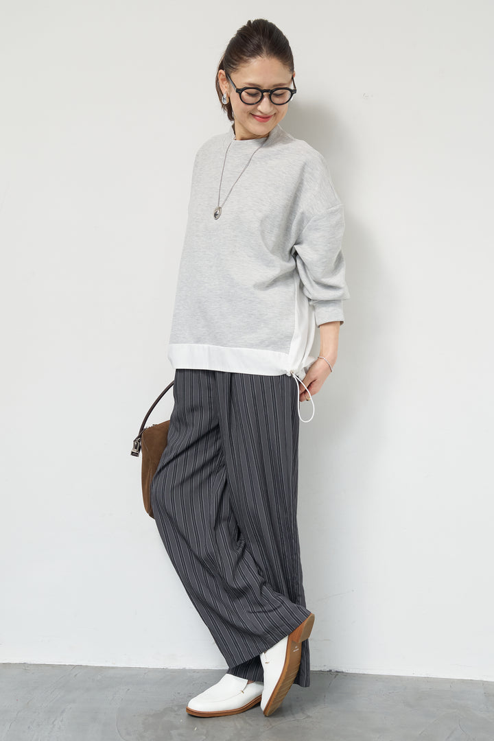 [SET]裾切替ハイネックプルオーバー+ストライプイージーパンツ(2set)