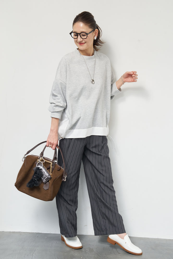 [SET]裾切替ハイネックプルオーバー+ストライプイージーパンツ(2set)