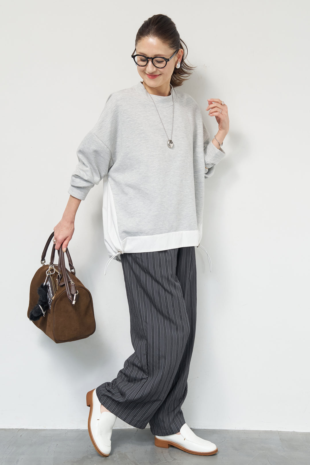 [SET]裾切替ハイネックプルオーバー+ストライプイージーパンツ(2set)