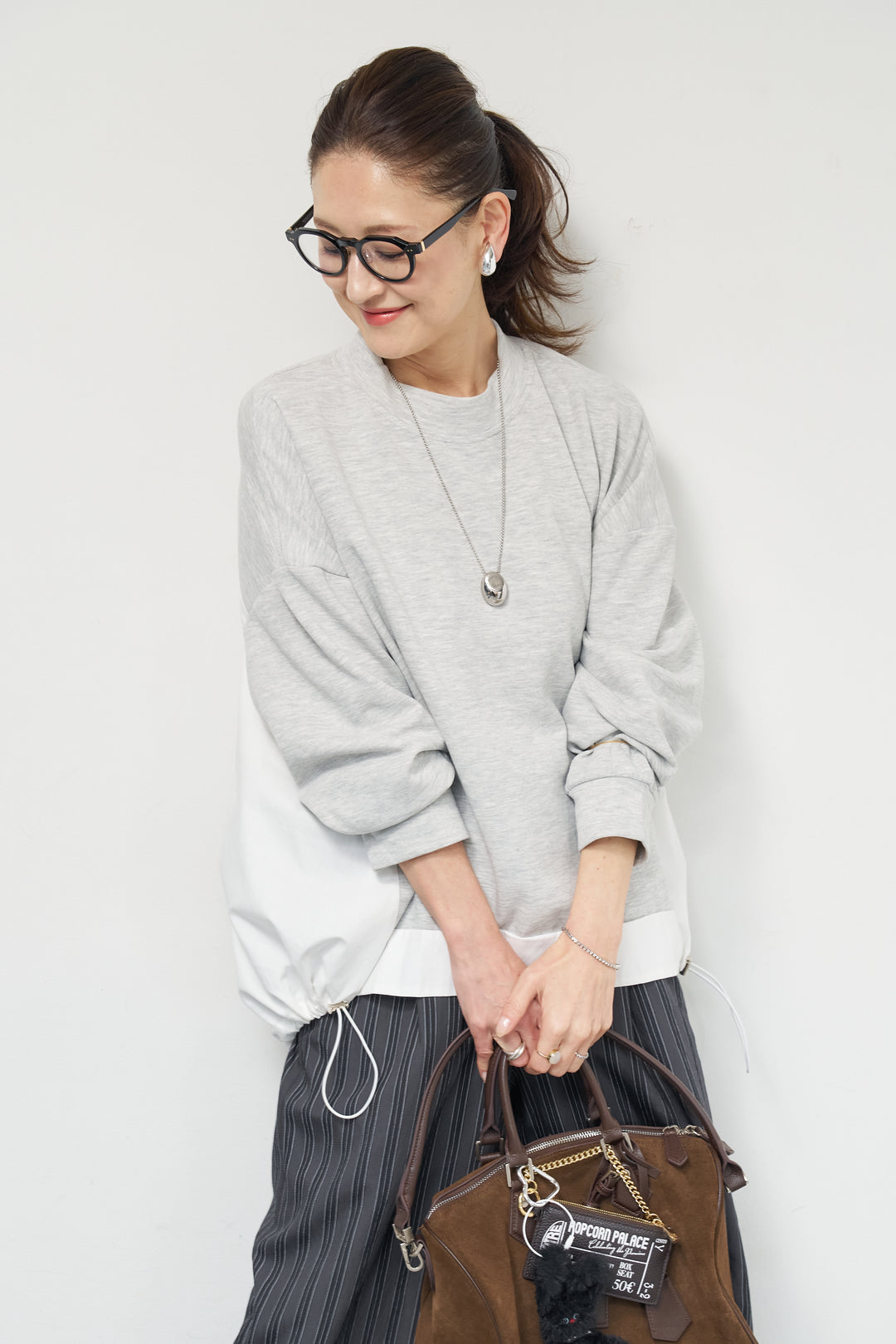 [SET]裾切替ハイネックプルオーバー+ストライプイージーパンツ(2set)