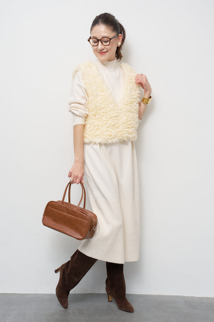 [SET]ショートカールボアベスト+モックネックニットワンピース(2set)