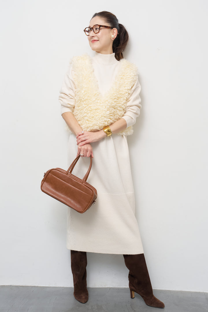 [SET]ショートカールボアベスト+モックネックニットワンピース(2set)