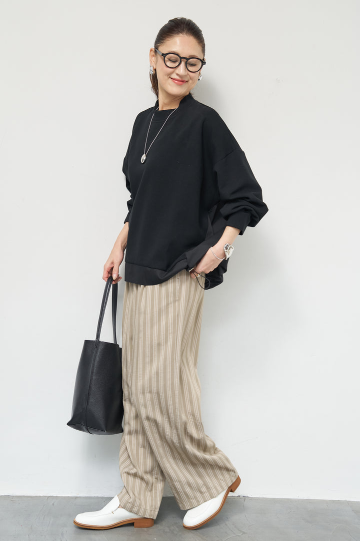 [SET]裾切替ハイネックプルオーバー+ストライプイージーパンツ(2set)