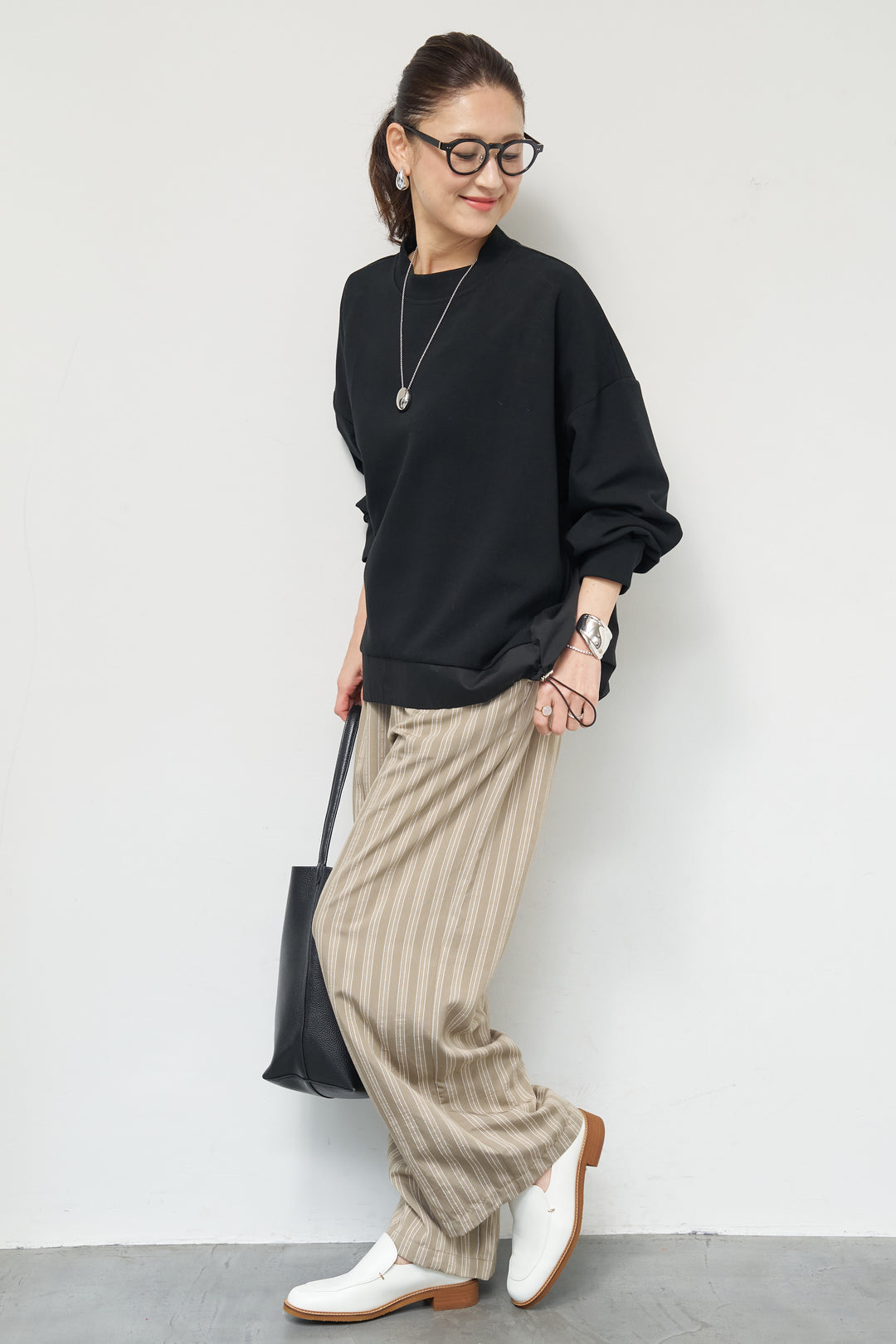 [SET]裾切替ハイネックプルオーバー+ストライプイージーパンツ(2set)