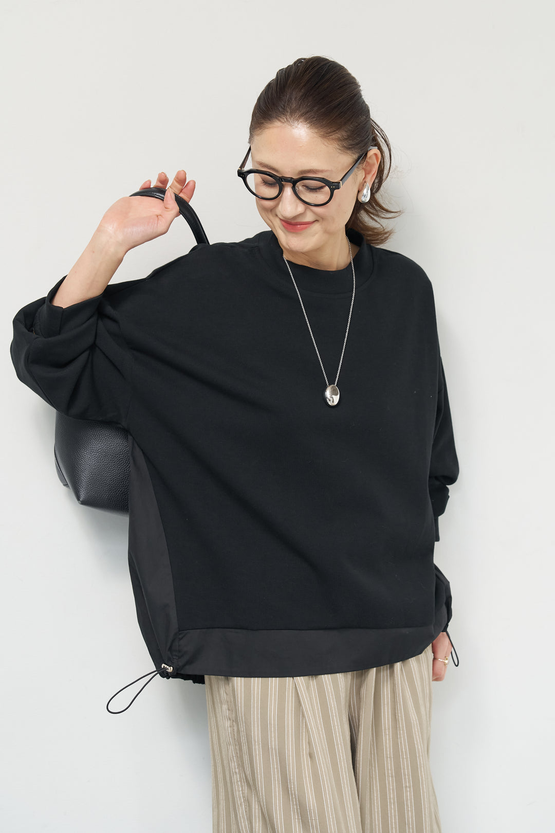 [SET]裾切替ハイネックプルオーバー+ストライプイージーパンツ(2set)