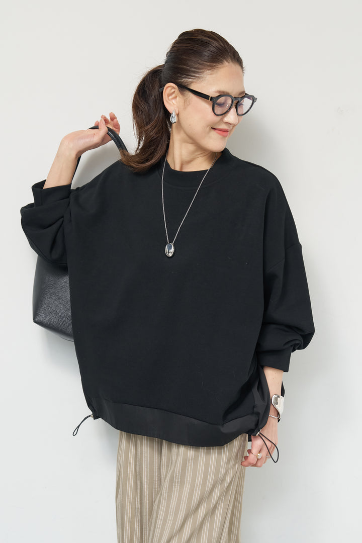 [SET]裾切替ハイネックプルオーバー+ストライプイージーパンツ(2set)