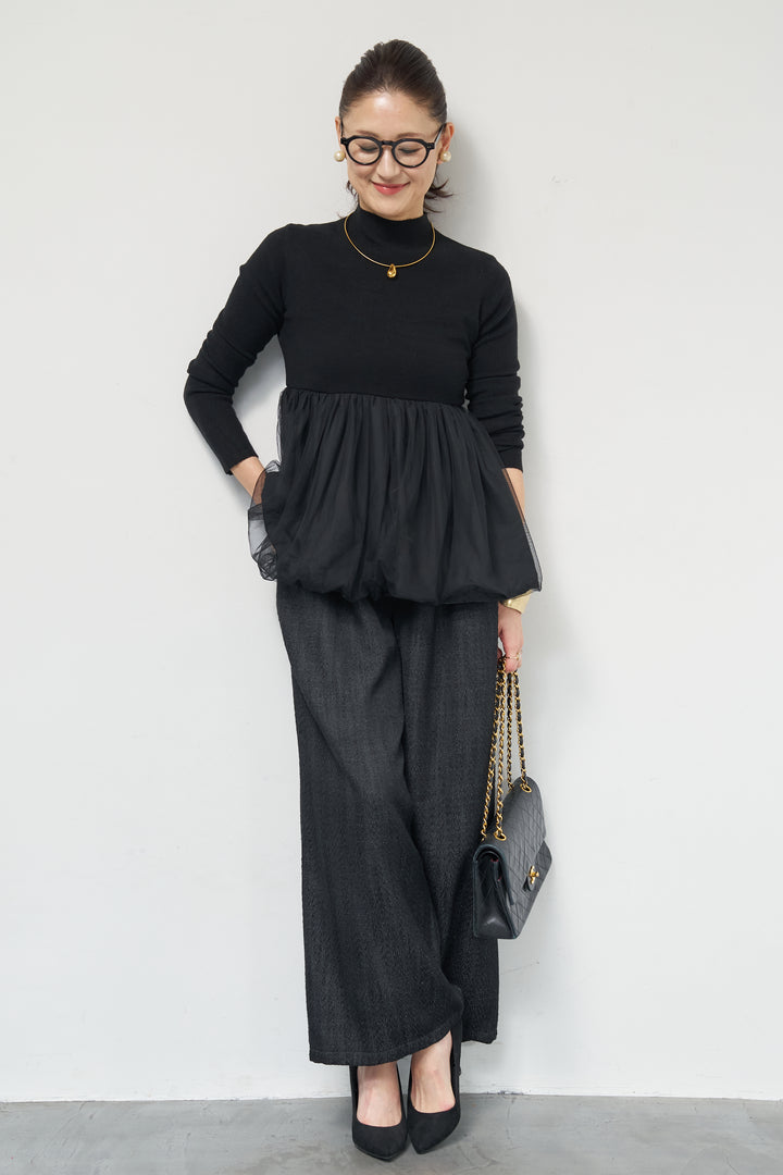 [SET]チュールドッキングニット+デニムライクヘリンボーンパンツ(2set)