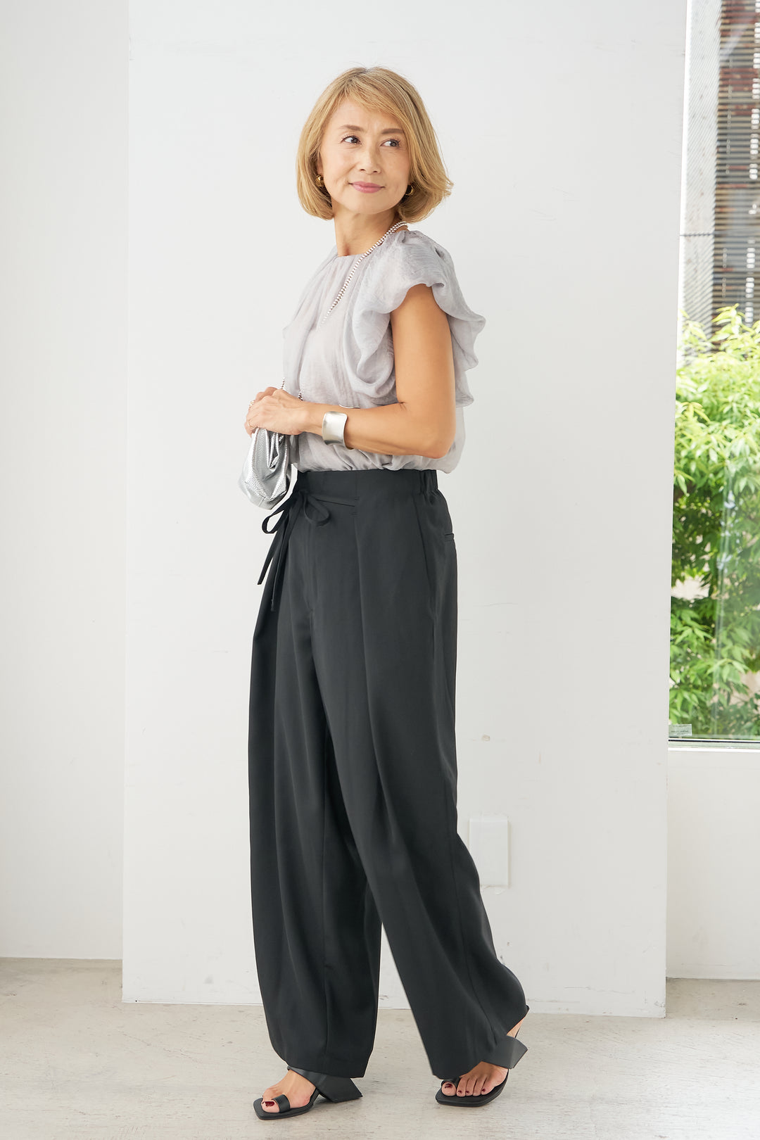 Ribbon waist high waist pants