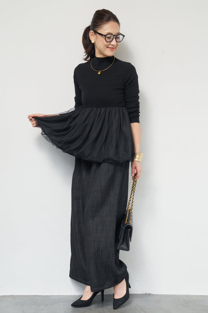 [SET]チュールドッキングニット+デニムライクヘリンボーンパンツ(2set)