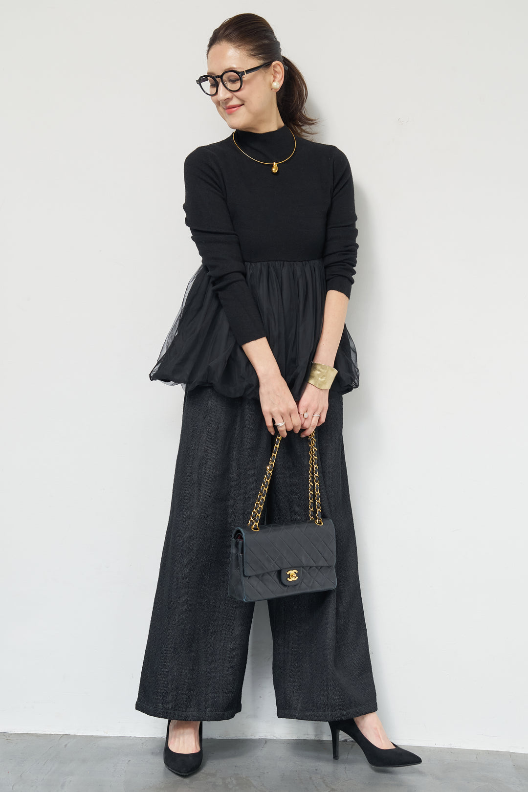 [SET]チュールドッキングニット+デニムライクヘリンボーンパンツ(2set)