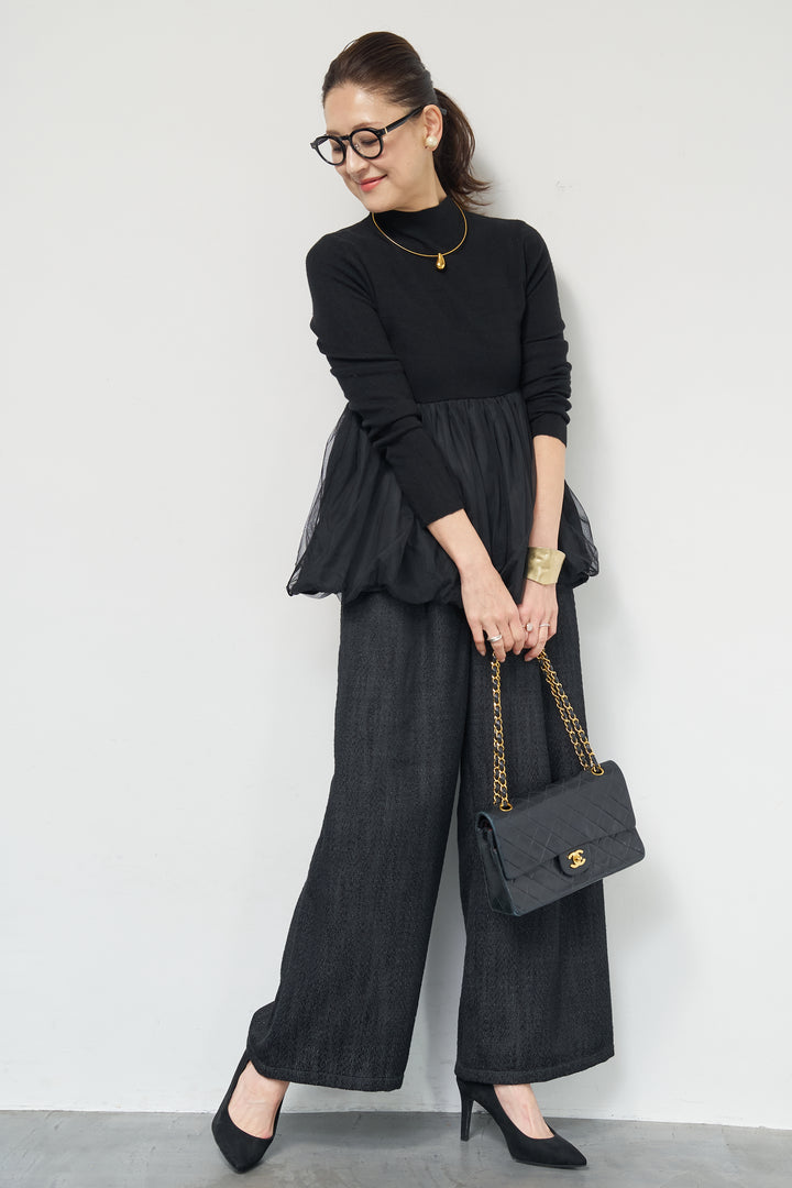 [SET]チュールドッキングニット+デニムライクヘリンボーンパンツ(2set)