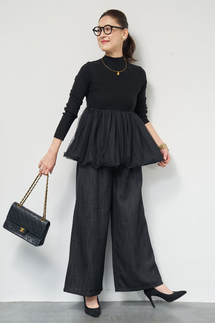 [SET]チュールドッキングニット+デニムライクヘリンボーンパンツ(2set)