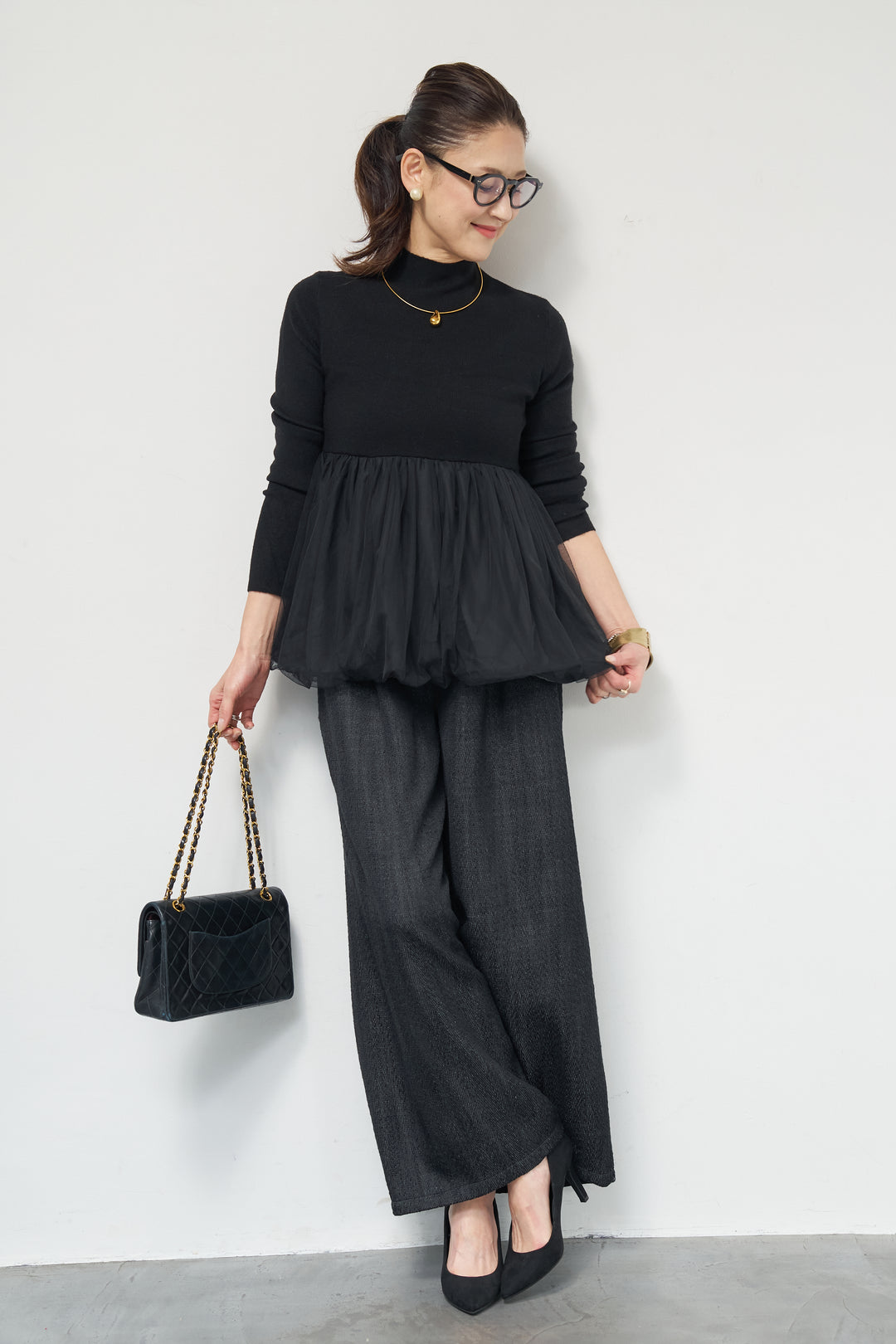 [SET]チュールドッキングニット+デニムライクヘリンボーンパンツ(2set)