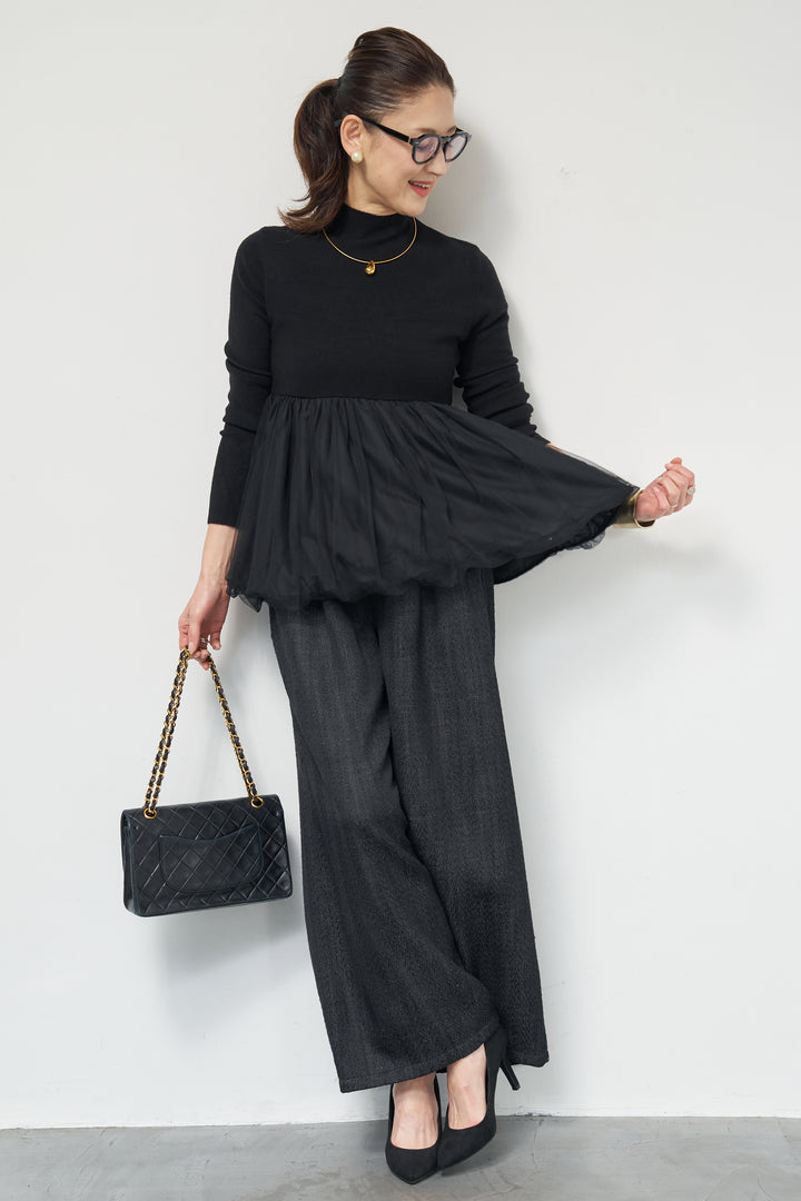 [SET]チュールドッキングニット+デニムライクヘリンボーンパンツ(2set)