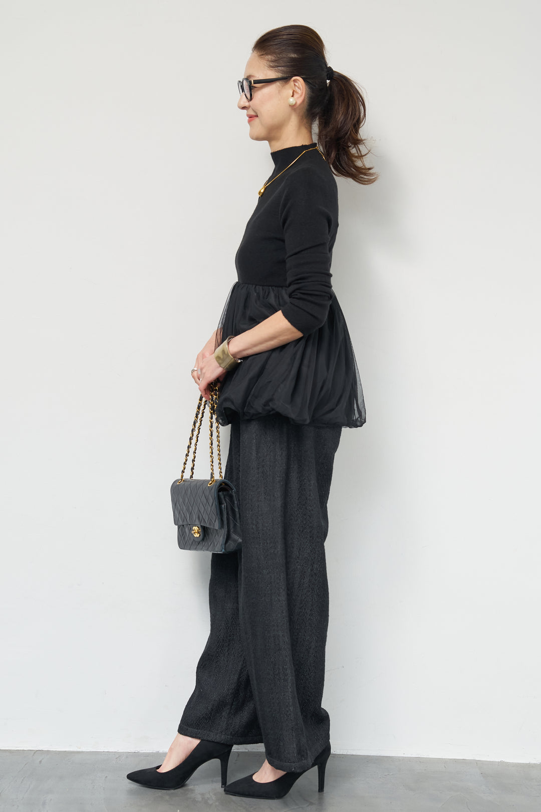 [SET]チュールドッキングニット+デニムライクヘリンボーンパンツ(2set)