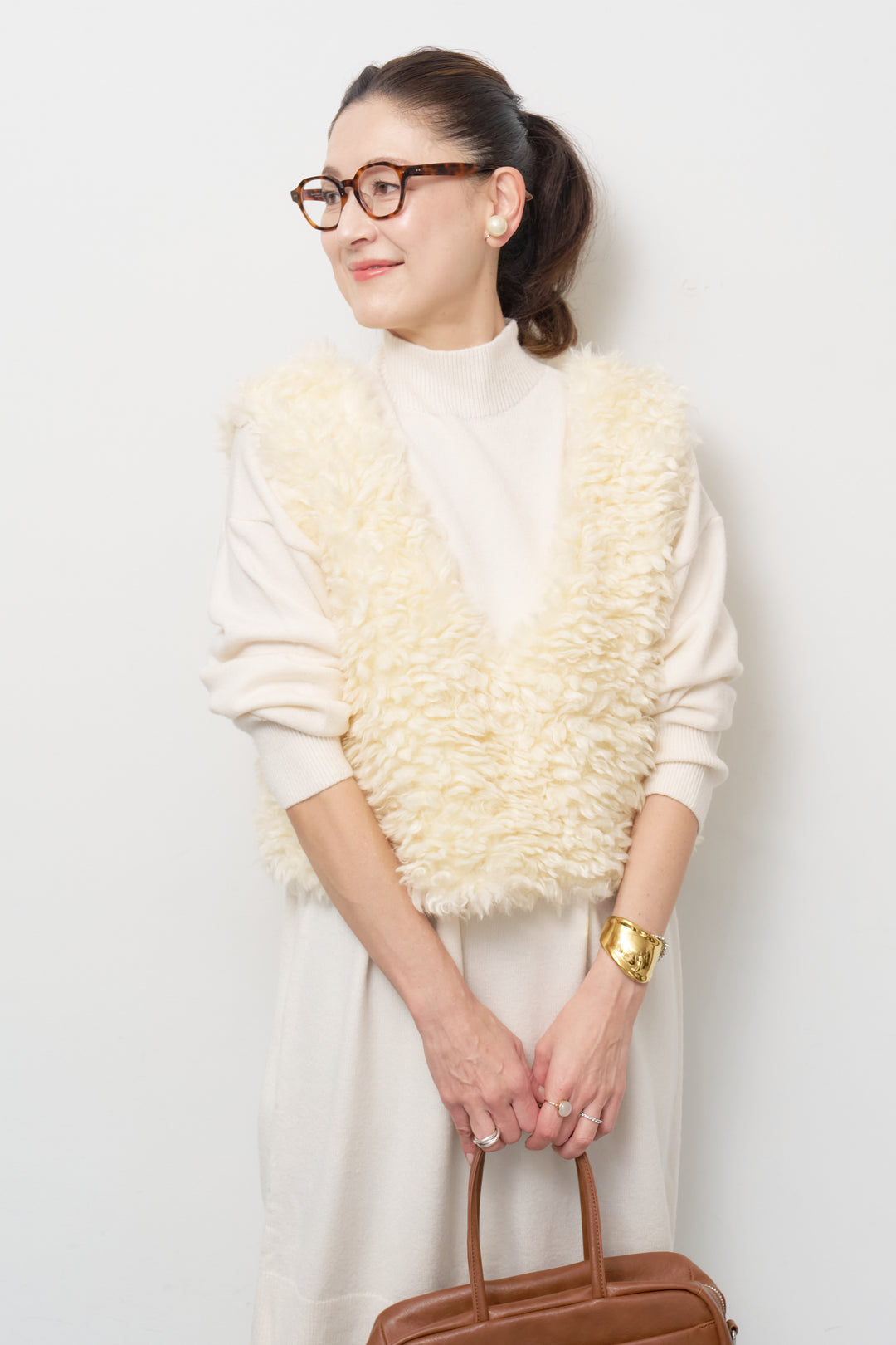 [SET]ショートカールボアベスト+モックネックニットワンピース(2set)