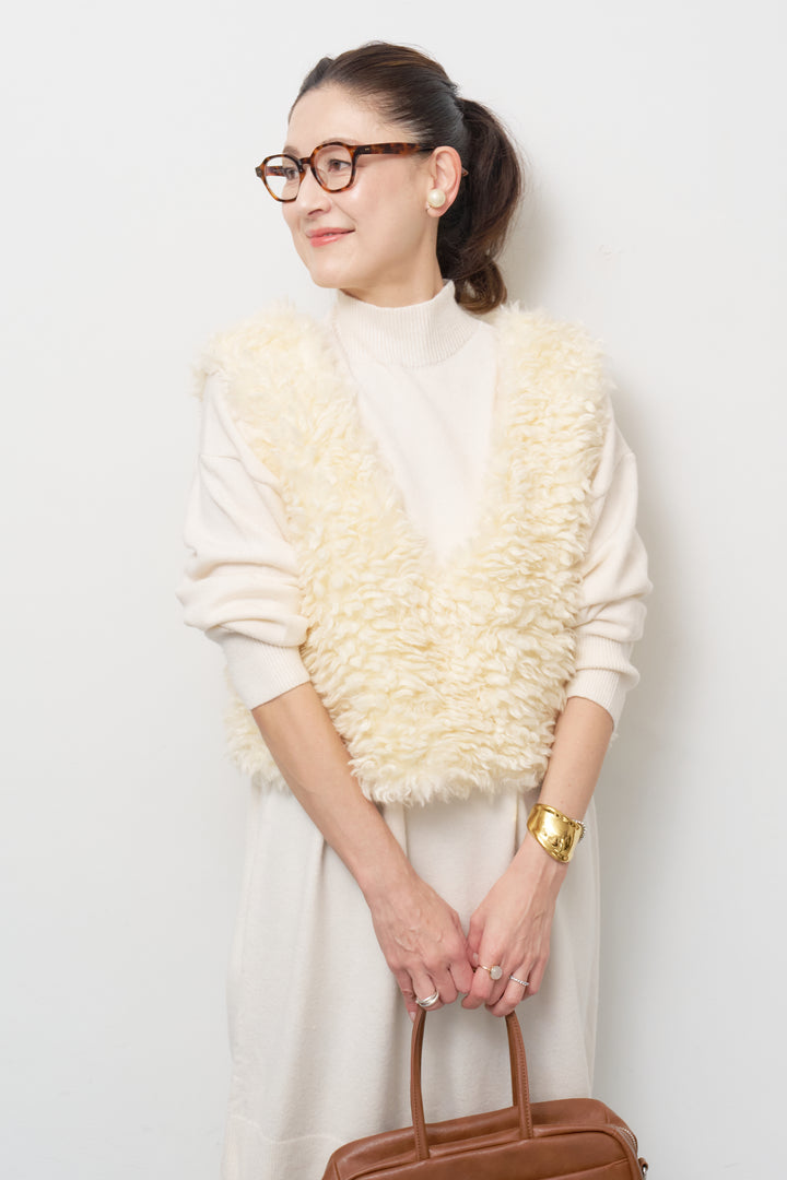 [SET]ショートカールボアベスト+モックネックニットワンピース(2set)