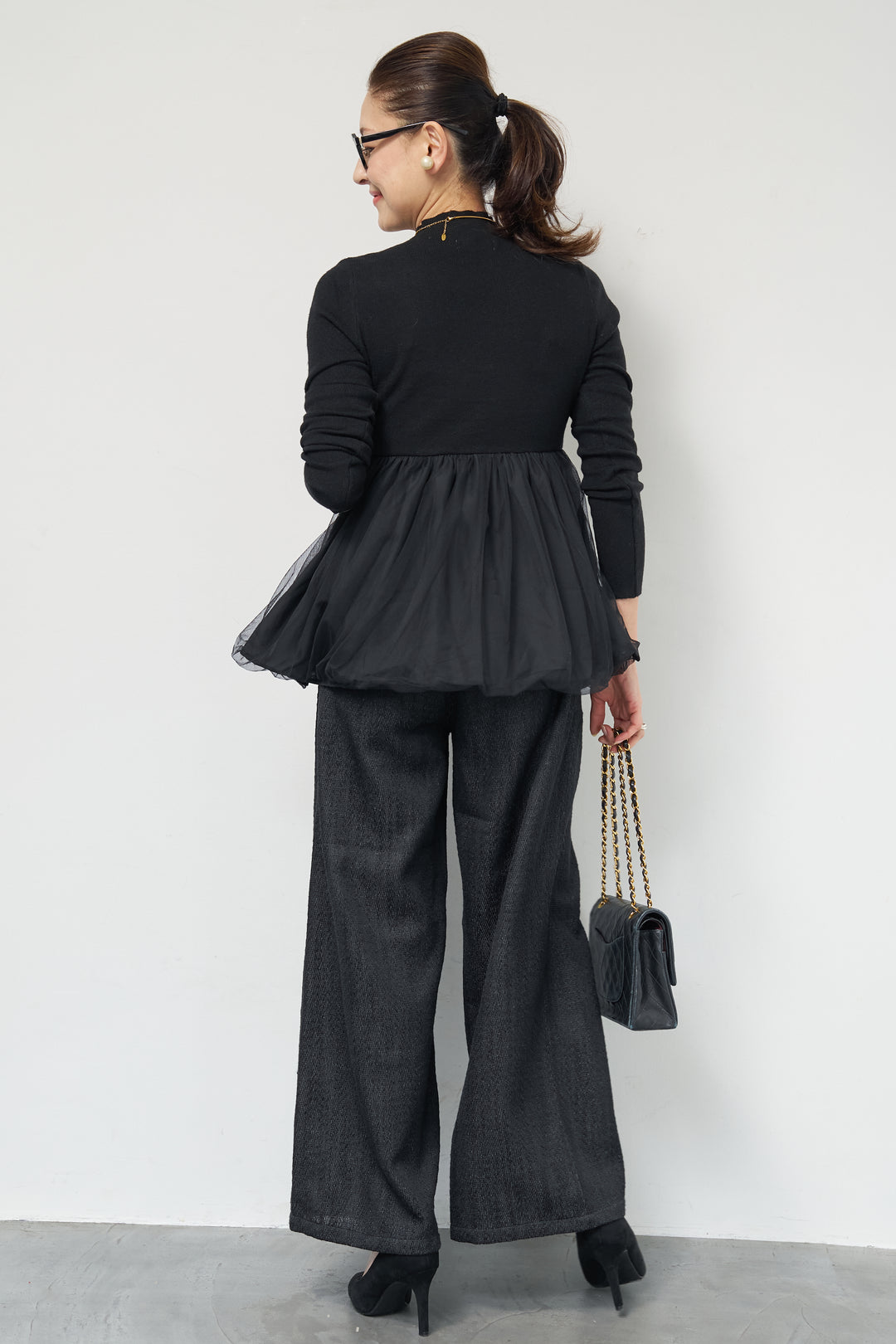 [SET]チュールドッキングニット+デニムライクヘリンボーンパンツ(2set)